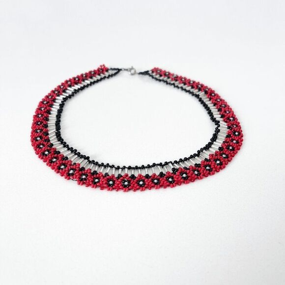Handmade Women's Ukrainian Floral Beaded Choker Necklace Red Black Silver - Picture 2 of 5